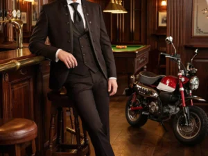 Traje de novio Fujin, pose frontal, color marrón chocolate, ceremonia con cuello Mao, Atelier Masculini