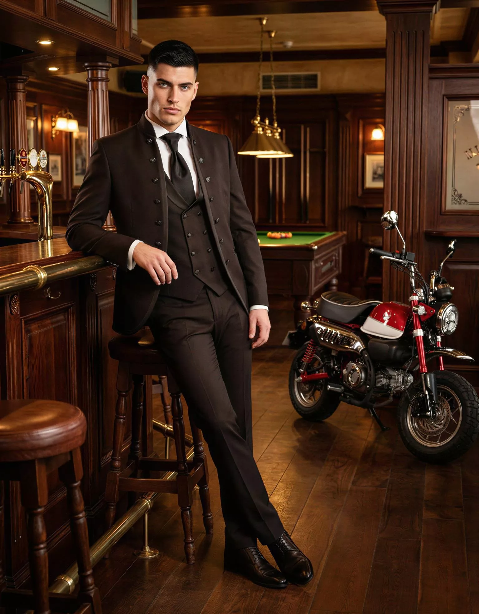 Traje de novio Fujin, pose frontal, color marrón chocolate, ceremonia con cuello Mao, Atelier Masculini