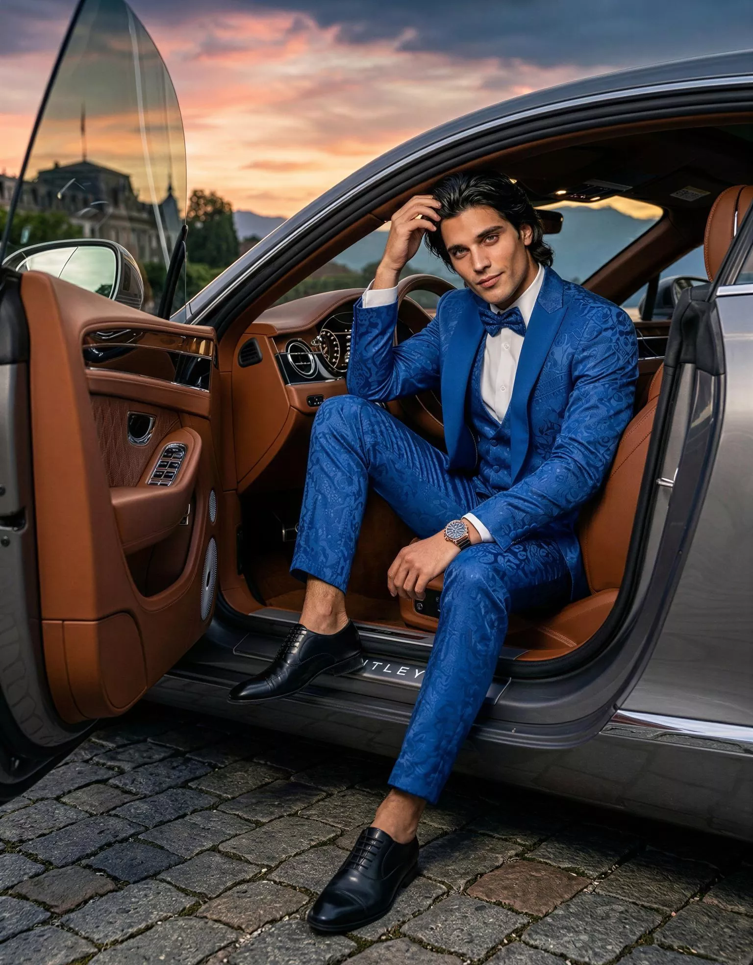 Traje de novio Gaspard, pose coche, color azul Jacquard, esmoquin ceremonia, Atelier Masculini