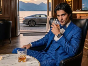 Traje de novio Gaspard, pose coctel, color azul Jacquard, esmoquin ceremonia, Atelier Masculini