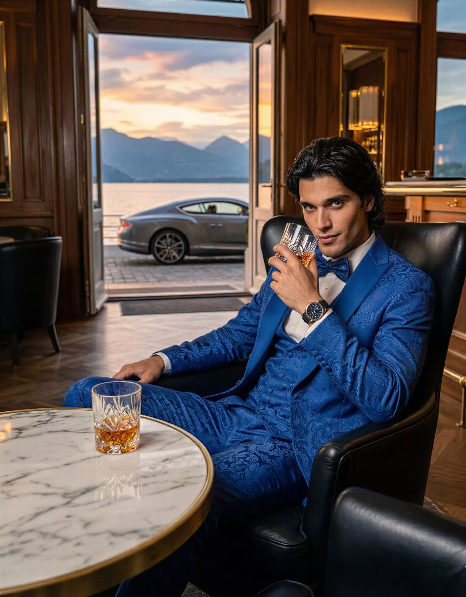 Traje de novio Gaspard, pose coctel, color azul Jacquard, esmoquin ceremonia, Atelier Masculini