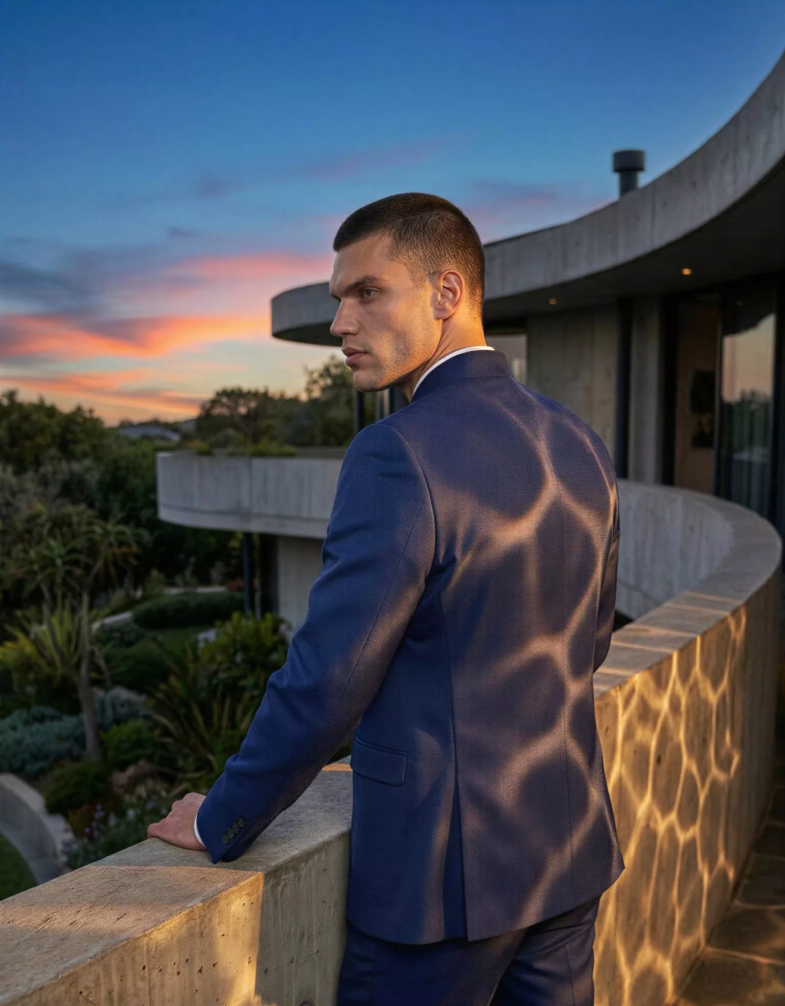 Traje de novio Gunnar, pose espalda, color azul marino, Cuello mao de ceremonia, Atelier Masculini