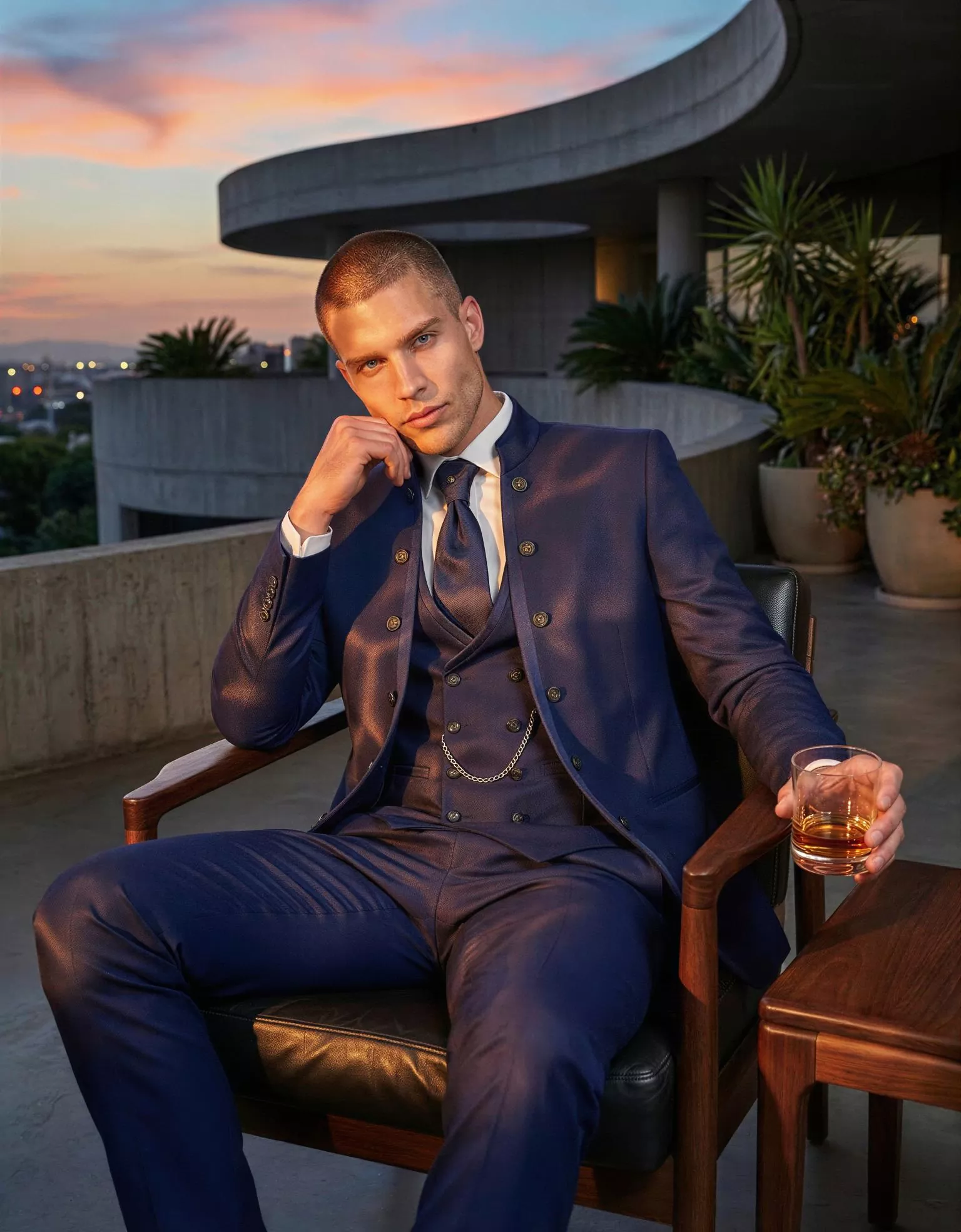 Traje de novio Gunnar, pose sentado, color azul marino, Cuello mao de ceremonia, Atelier Masculini