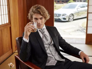 Traje de novio Hamza, pose coctel, color negro Jacquard, esmoquin ceremonia, Atelier Masculini