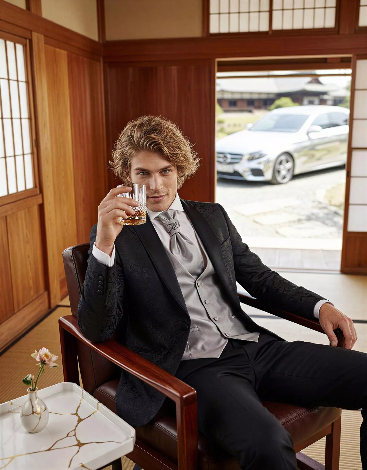 Traje de novio Hamza, pose coctel, color negro Jacquard, esmoquin ceremonia, Atelier Masculini