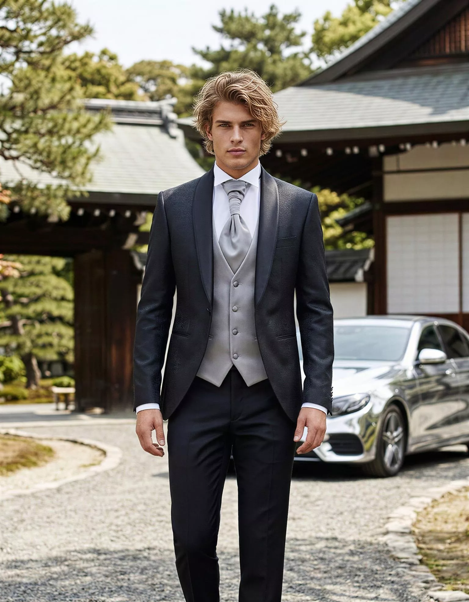 Traje de novio Hamza, pose frontal detalle, color negro Jacquard, esmoquin ceremonia, Atelier Masculini