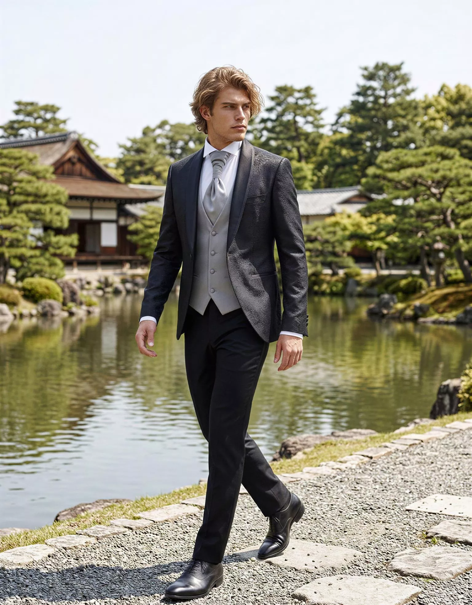 Traje de novio Hamza, pose lateral, color negro Jacquard, esmoquin ceremonia, Atelier Masculini