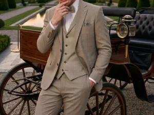 Traje de novio Harald, pose apoyado, color gris visón, clásico, Atelier Masculini