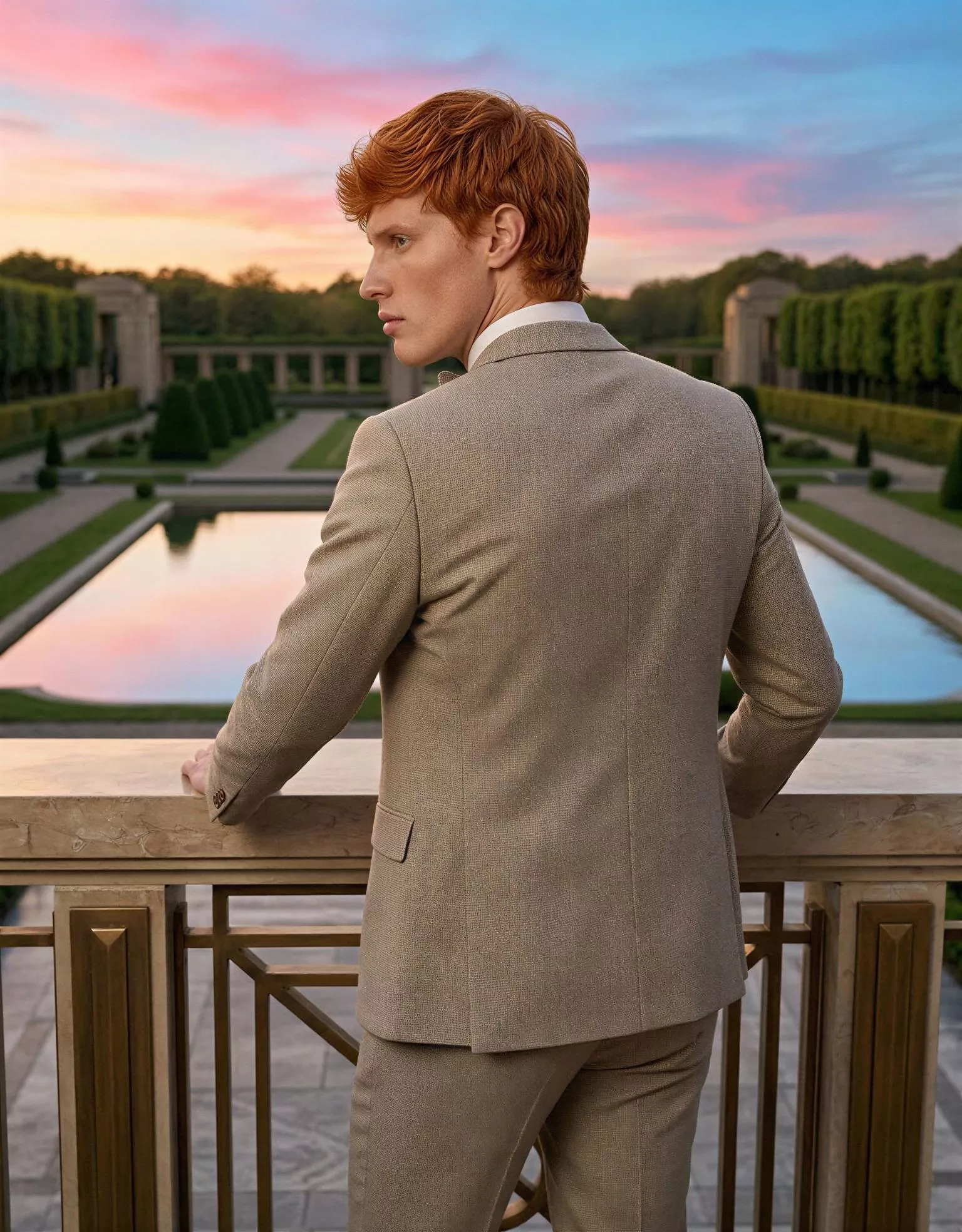 Traje de novio Harald, pose espaldas, color gris visón, clásico, Atelier Masculini