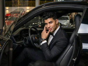 Traje de novio Icaro, pose coche, color negro, esmoquin, Atelier Masculini