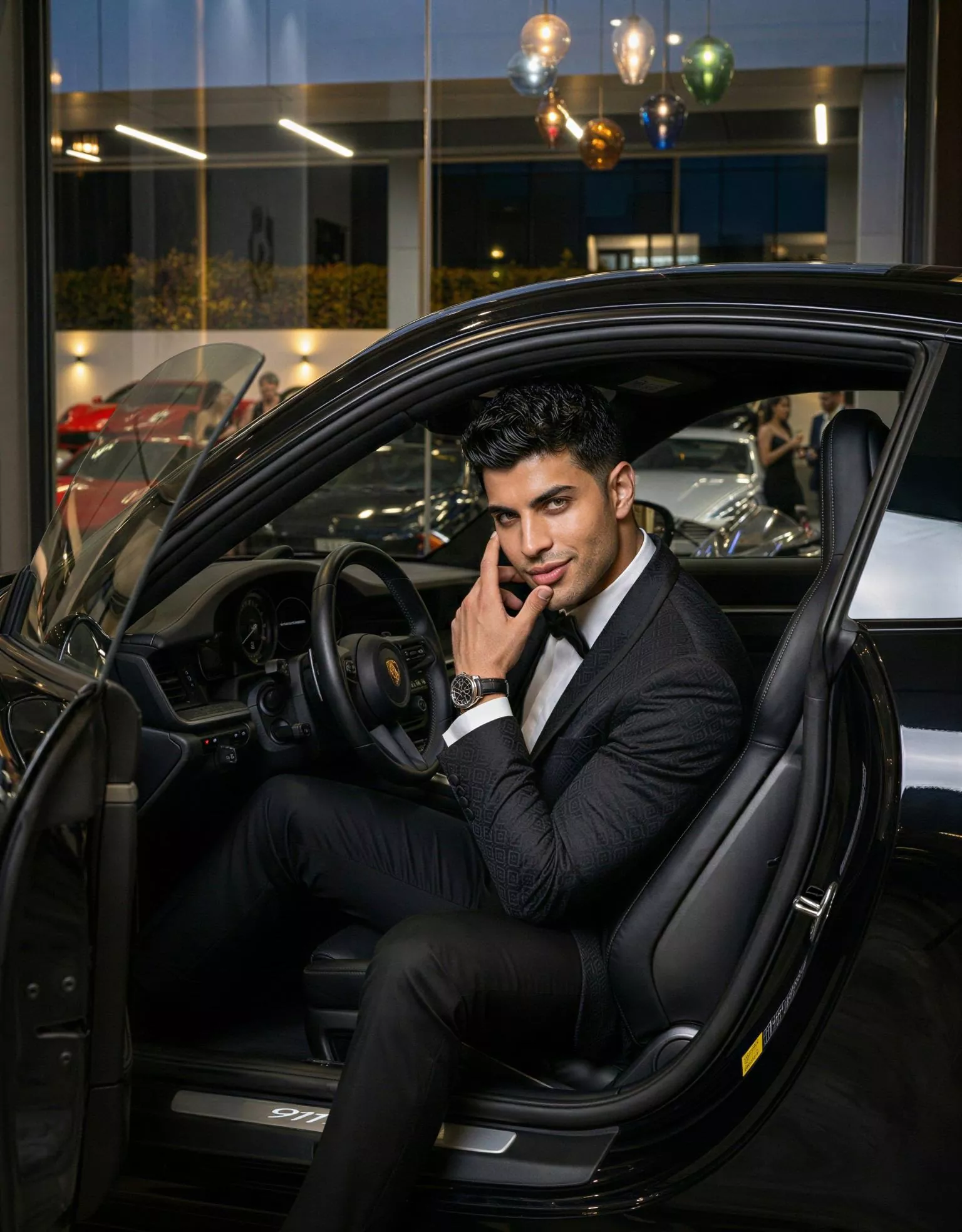 Traje de novio Icaro, pose coche, color negro, esmoquin, Atelier Masculini