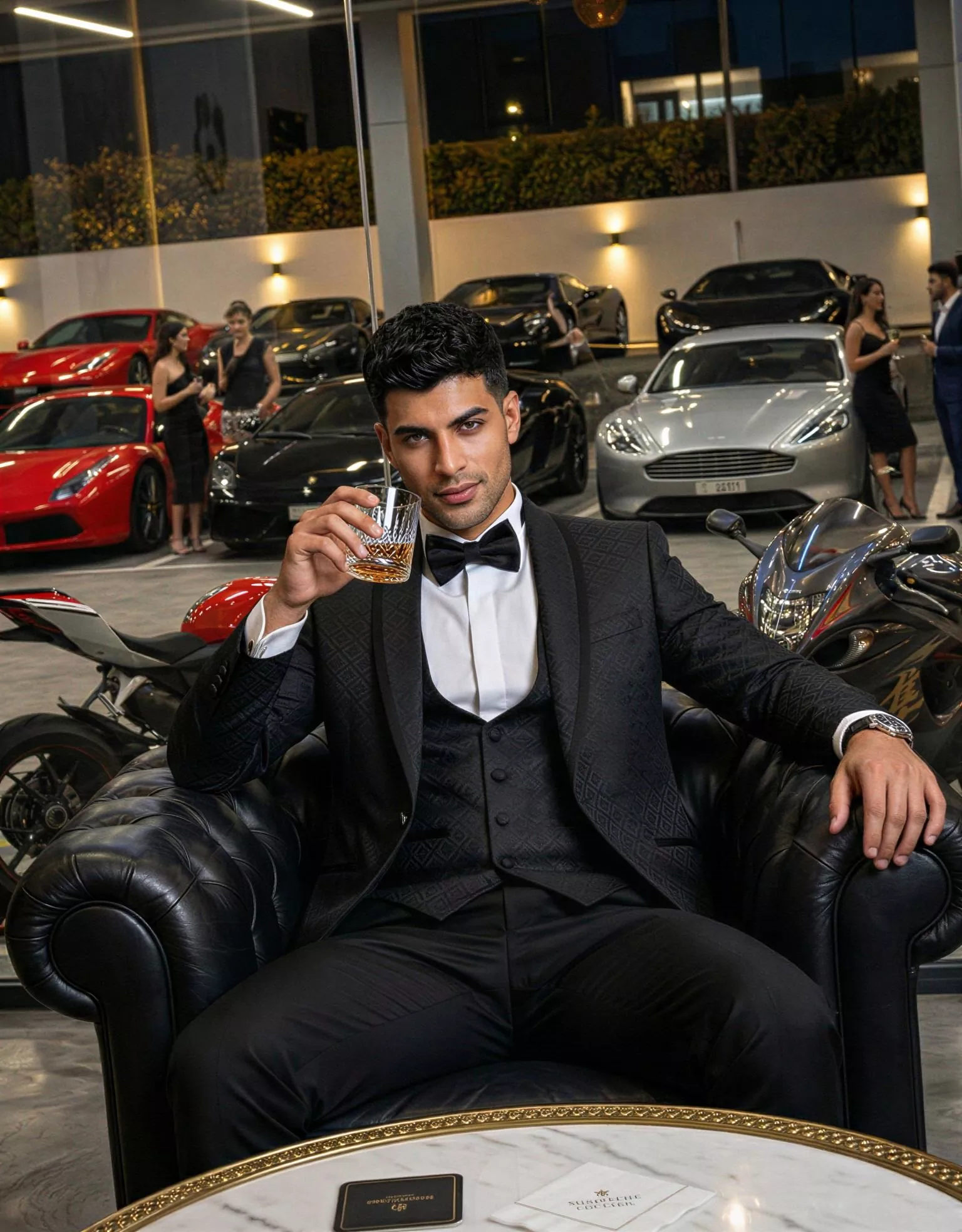 Traje de novio Icaro, pose cóctel, color negro, esmoquin, Atelier Masculini