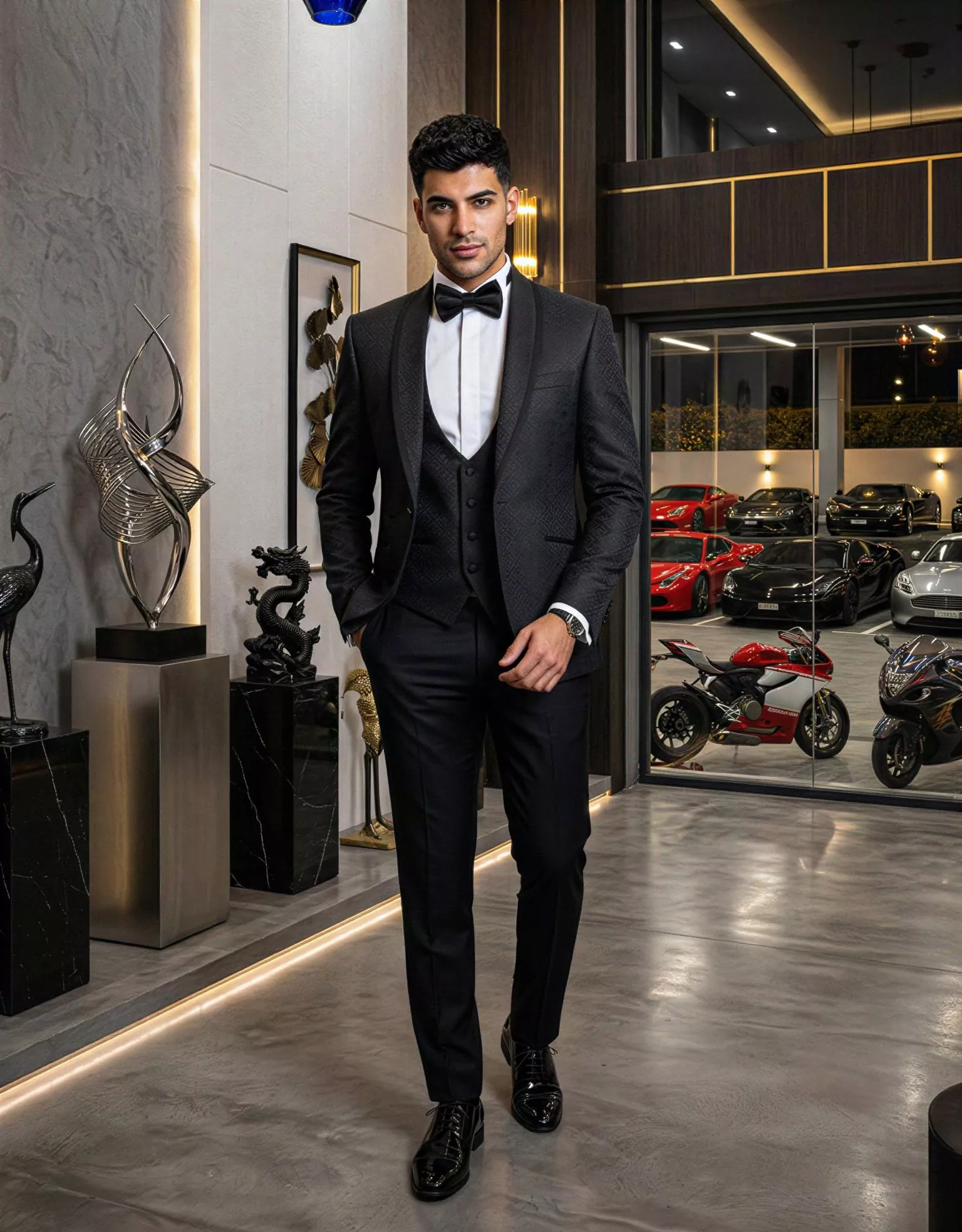 Traje de novio Icaro, pose frontal, color negro, esmoquin, Atelier Masculini