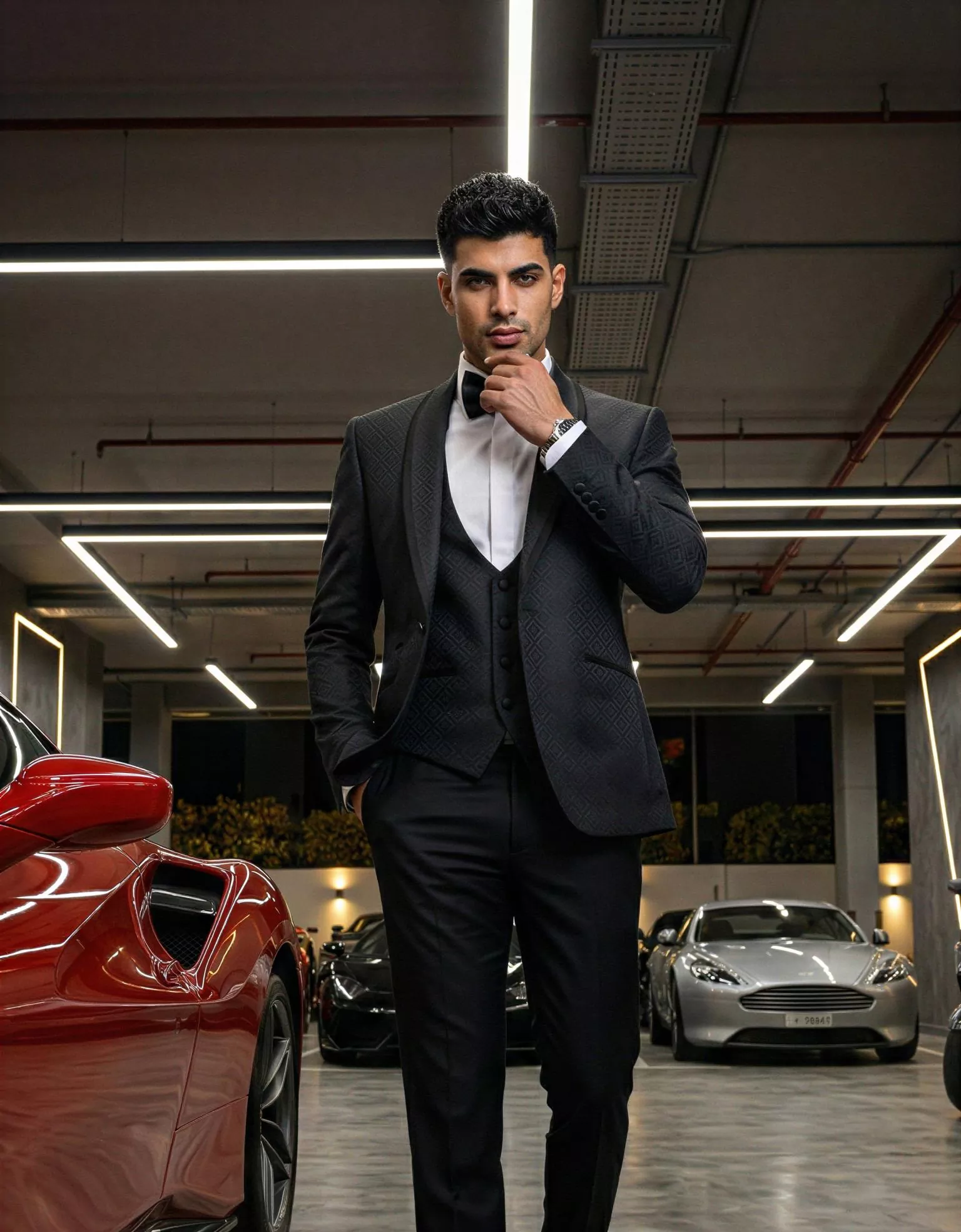 Traje de novio Icaro, pose frontal picado, color negro, esmoquin, Atelier Masculini