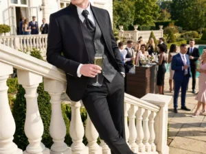 Traje de novio Imhotep, pose escalera, color negro , cuello mao de ceremonia, Atelier Masculini