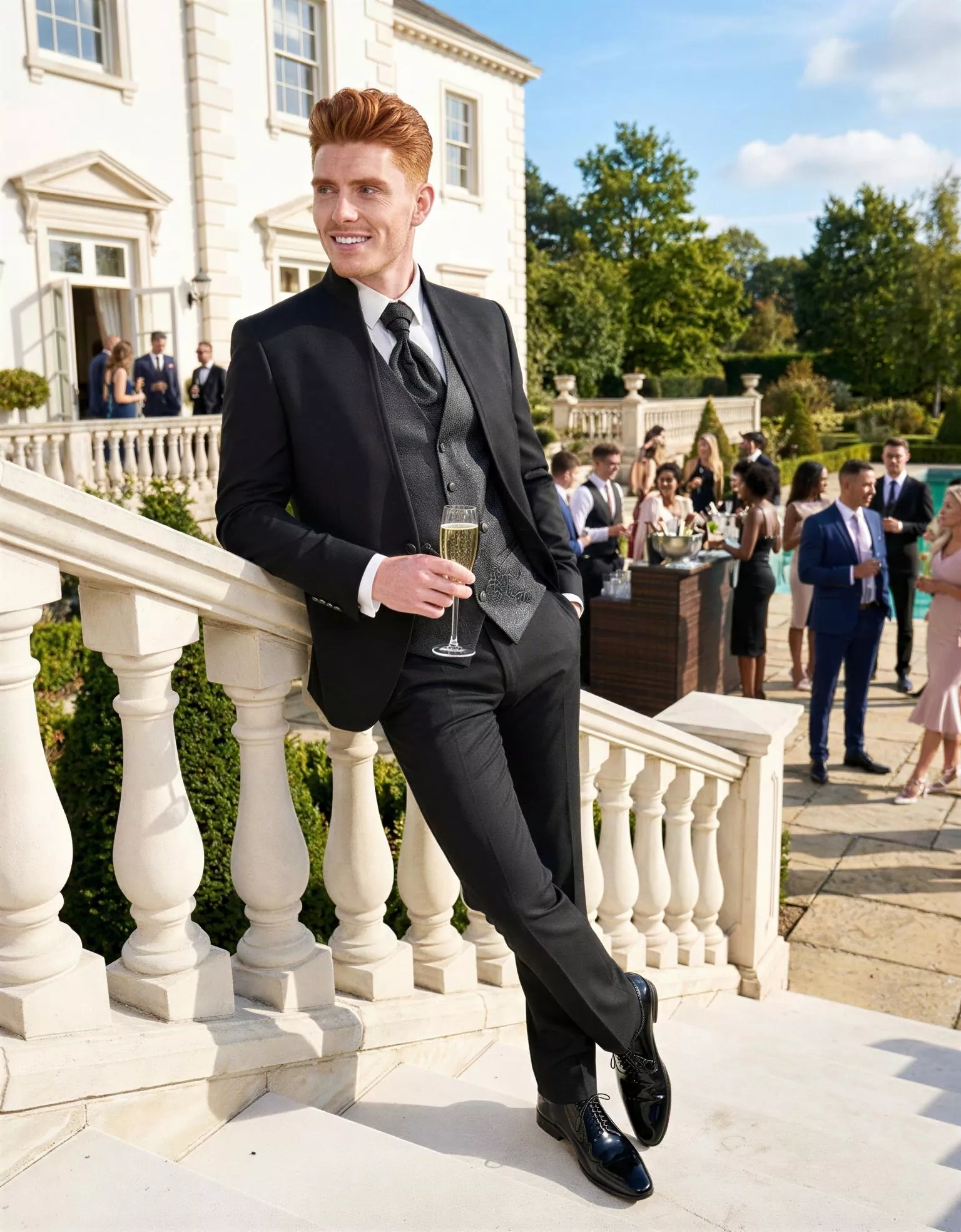 Traje de novio Imhotep, pose escalera, color negro , cuello mao de ceremonia, Atelier Masculini