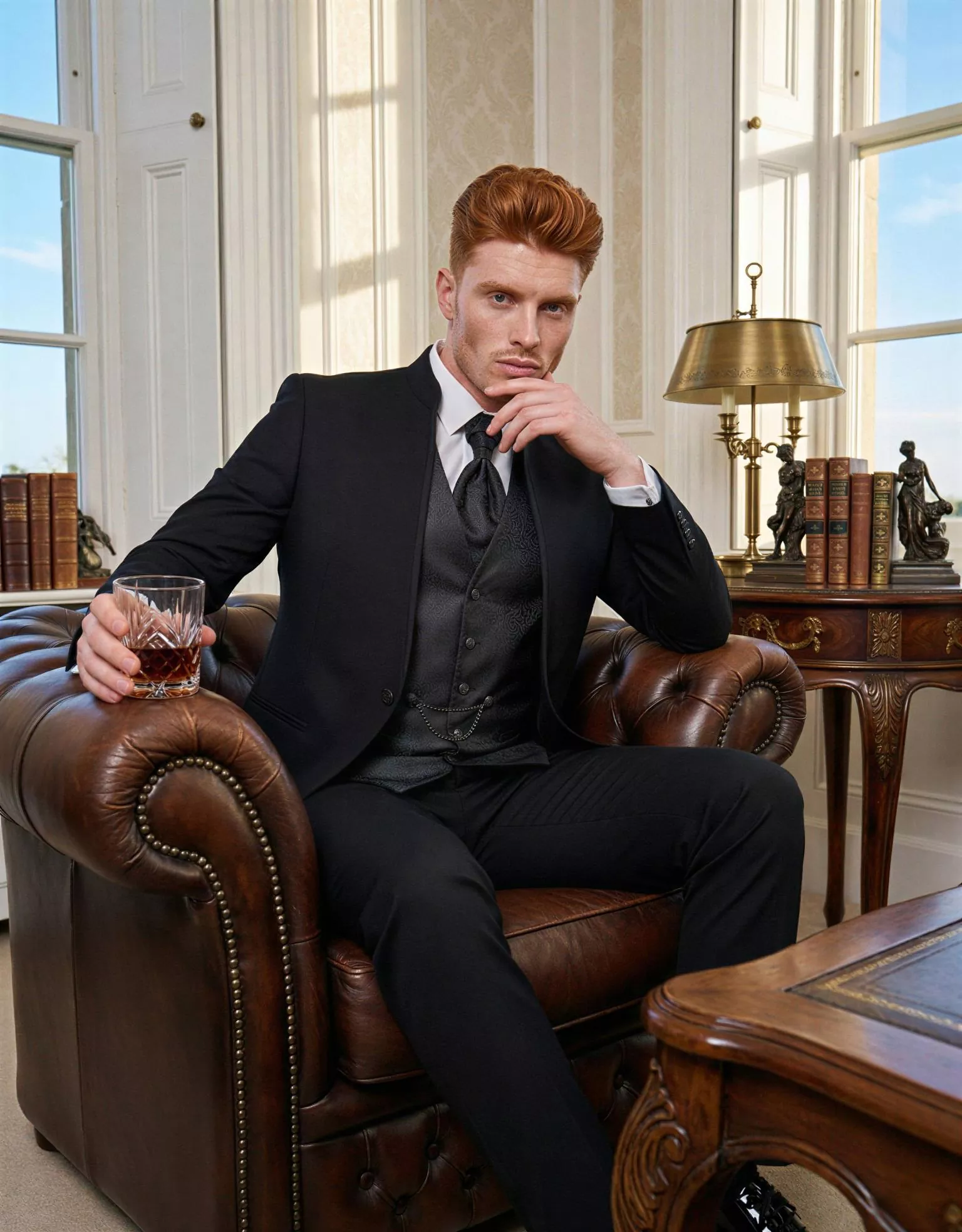 Traje de novio Imhotep, pose sentado, color negro , cuello mao de ceremonia, Atelier Masculini