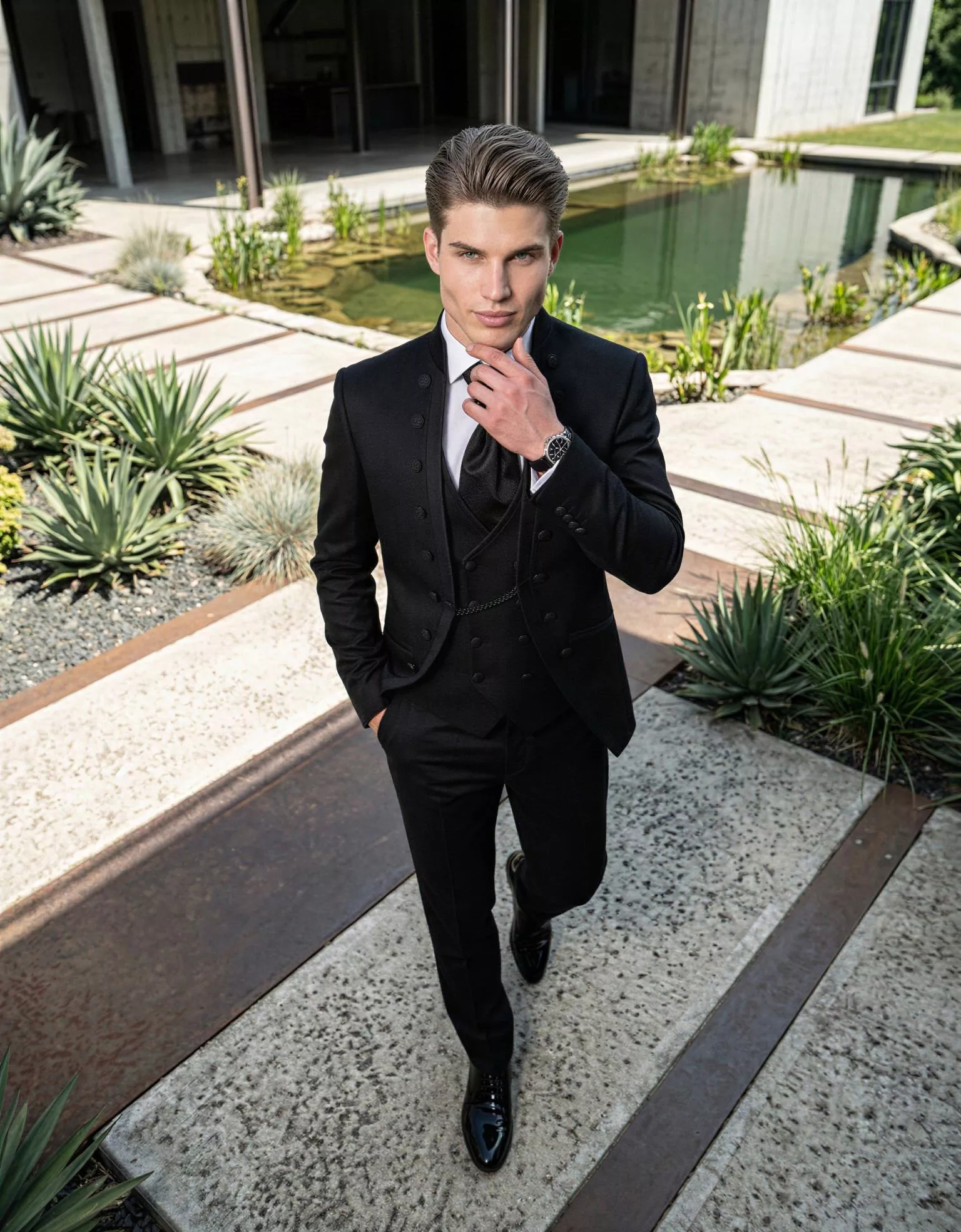 Traje de novio Jules, pose cenital, color negro, cuello mao de ceremonia, doble botonera, Atelier Masculini