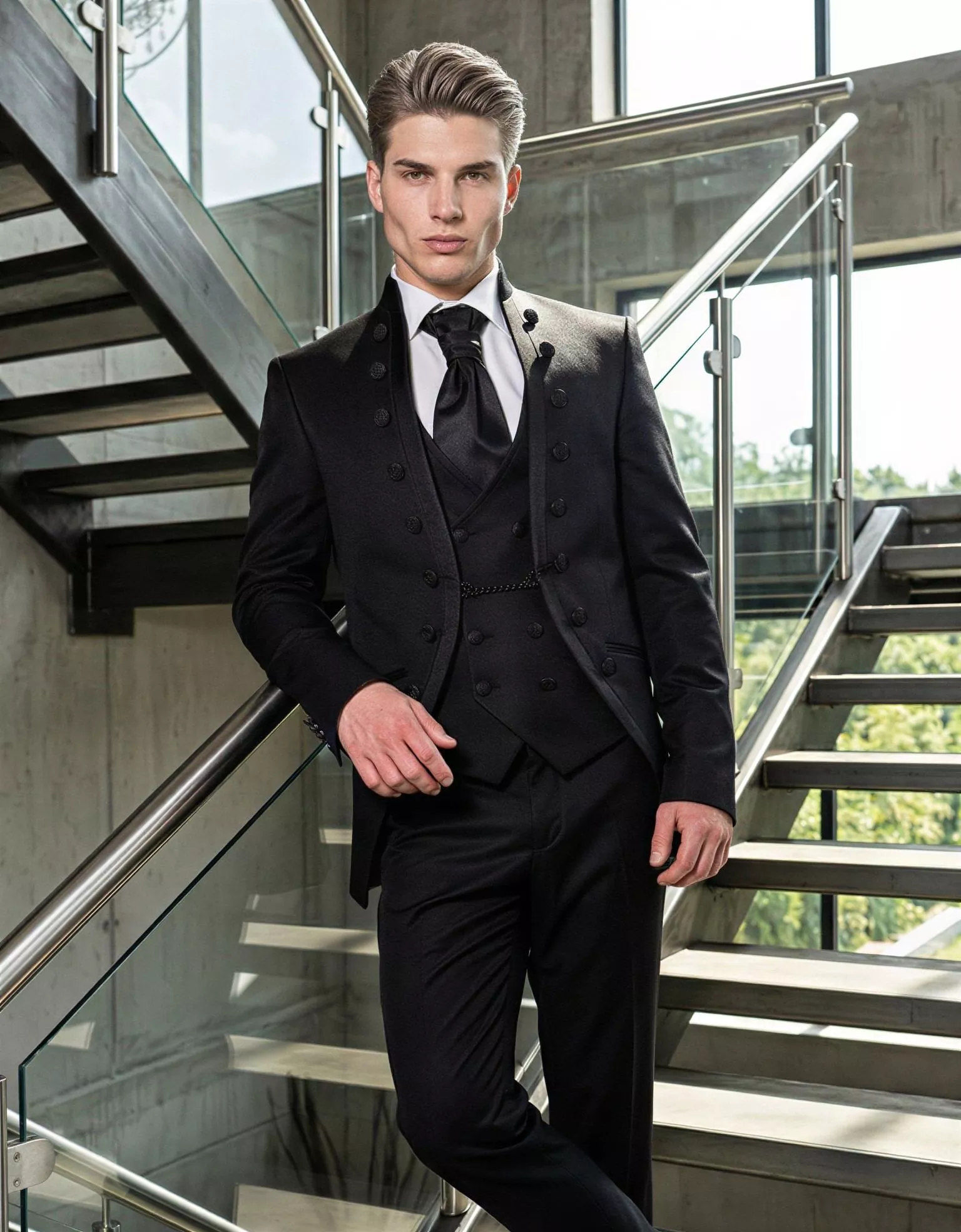 Traje de novio Jules, pose escalera, color negro, cuello mao de ceremonia, doble botonera, Atelier Masculini