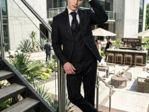 Traje de novio Jules, pose frontal, color negro, cuello mao de ceremonia, doble botonera, Atelier Masculini