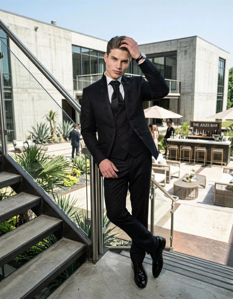 Traje de novio Jules, pose frontal, color negro, cuello mao de ceremonia, doble botonera, Atelier Masculini