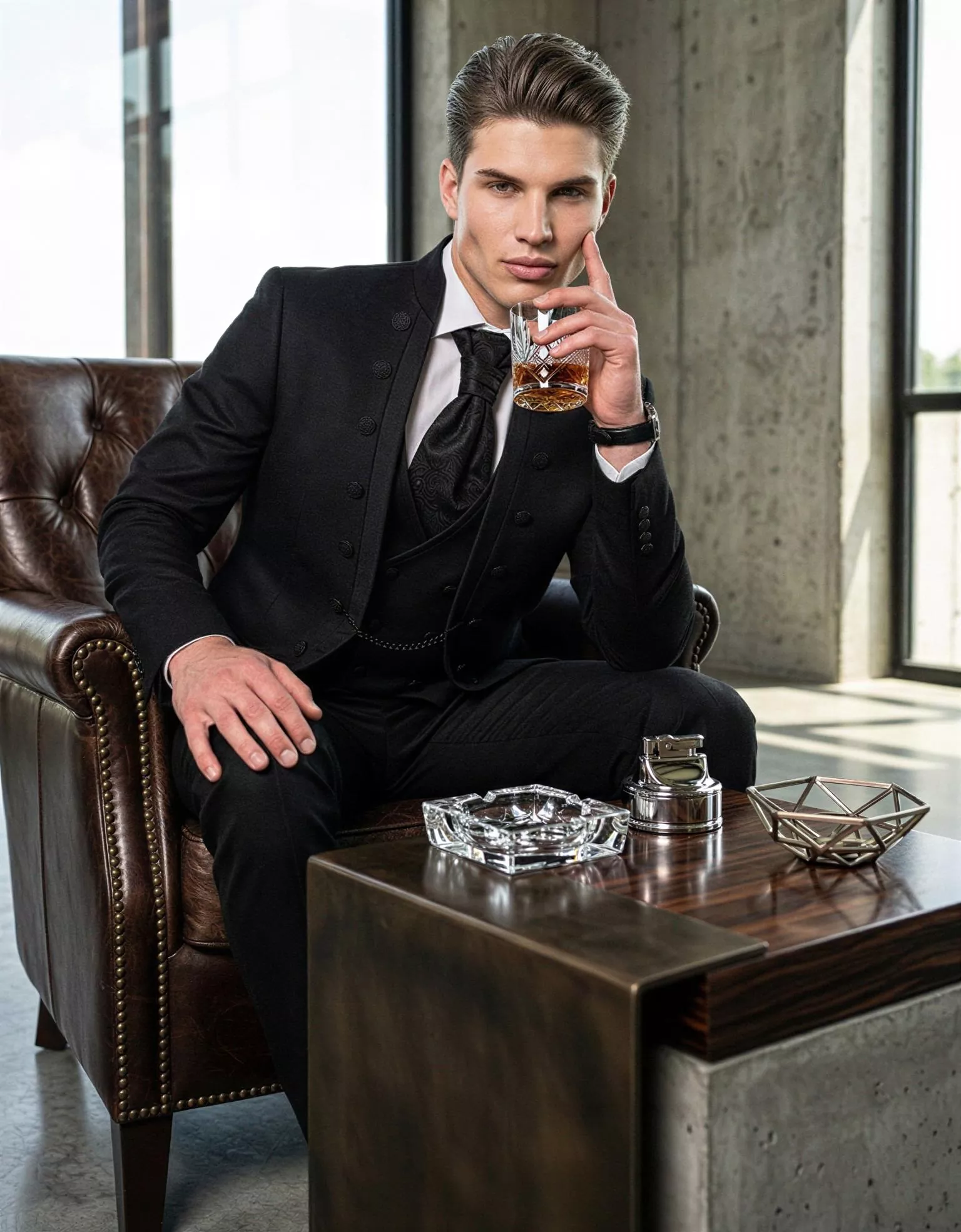 Traje de novio Jules, pose sentado, color negro, cuello mao de ceremonia, doble botonera, Atelier Masculini