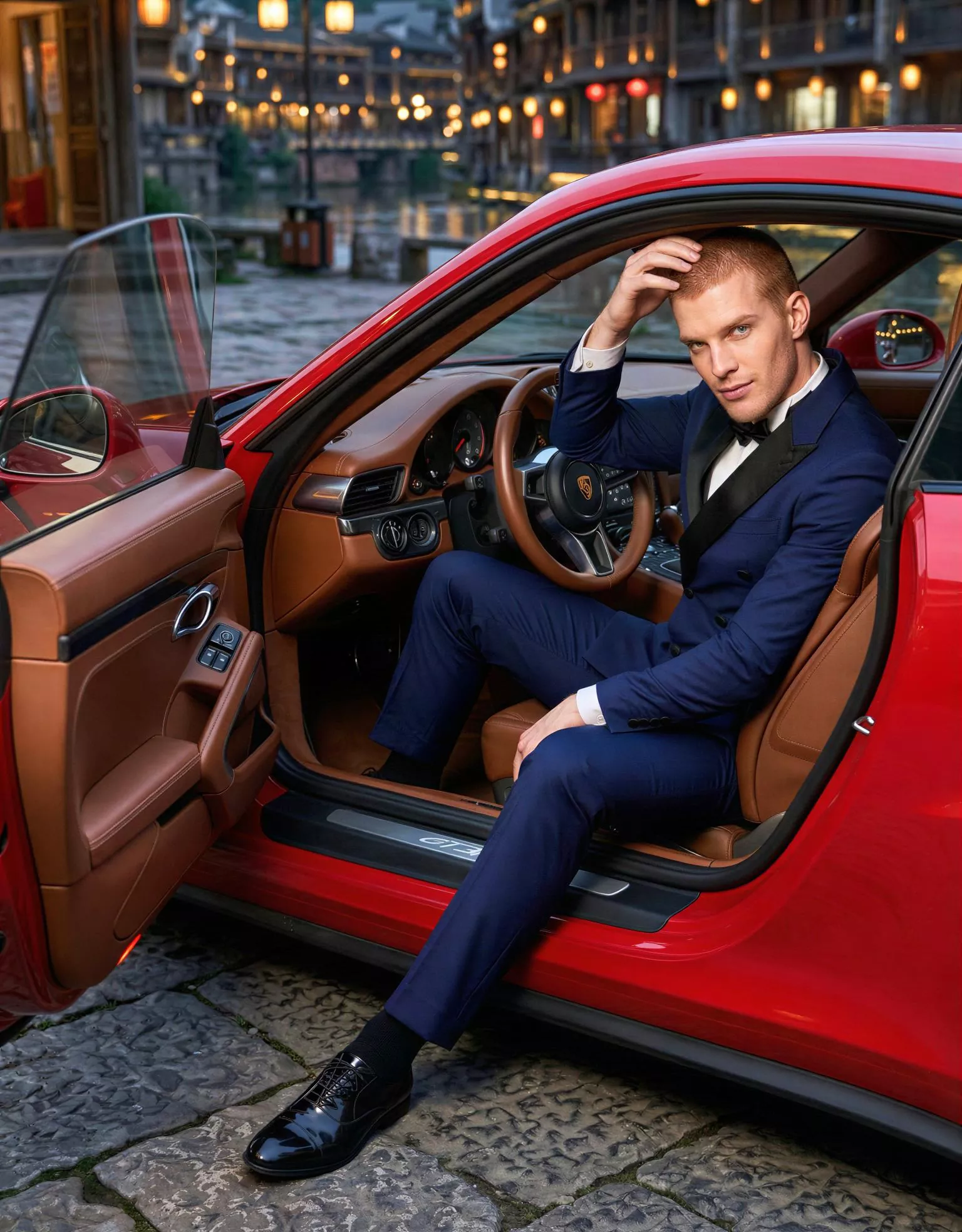 Traje de novio Kaito, pose coche, color azul marino, solapas negras, esmoquin de ceremonia, Atelier Masculini