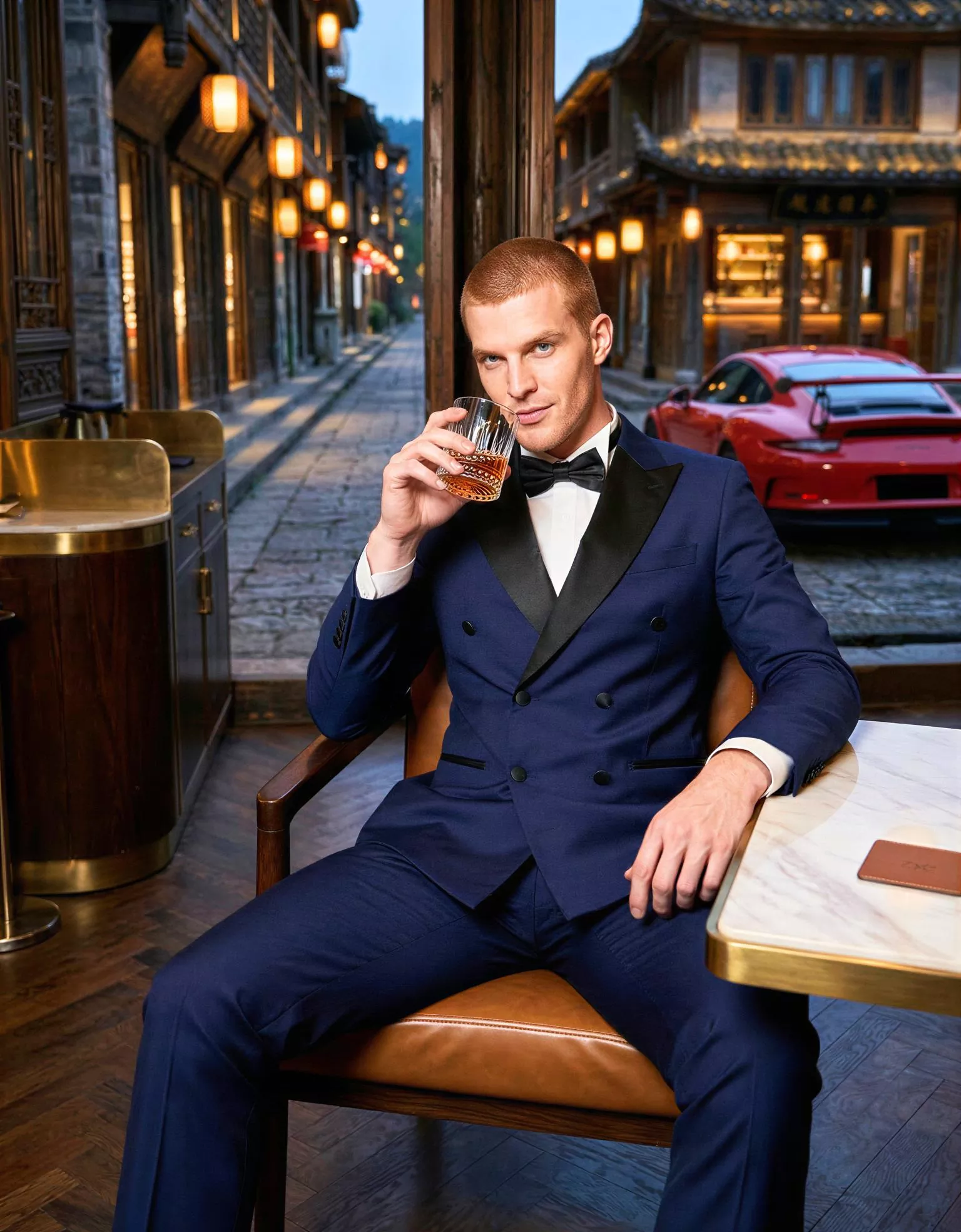 Traje de novio Kaito, pose coctel, color azul marino, solapas negras, esmoquin de ceremonia, Atelier Masculini