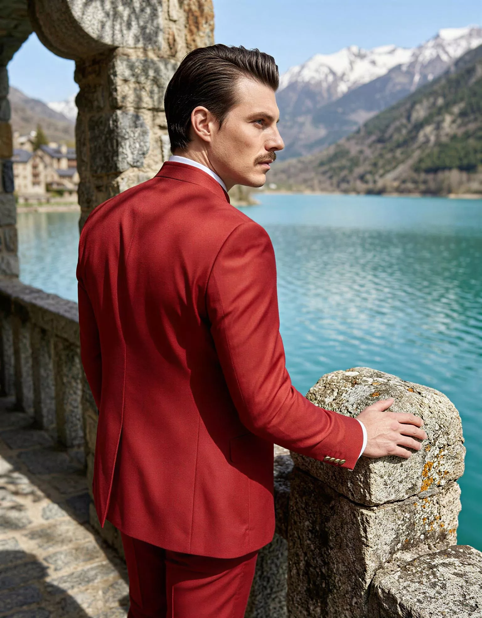 Traje de novio Kami, pose espaldas, color rojo carmesí, ceremonia con cuello Mao, Atelier Masculini