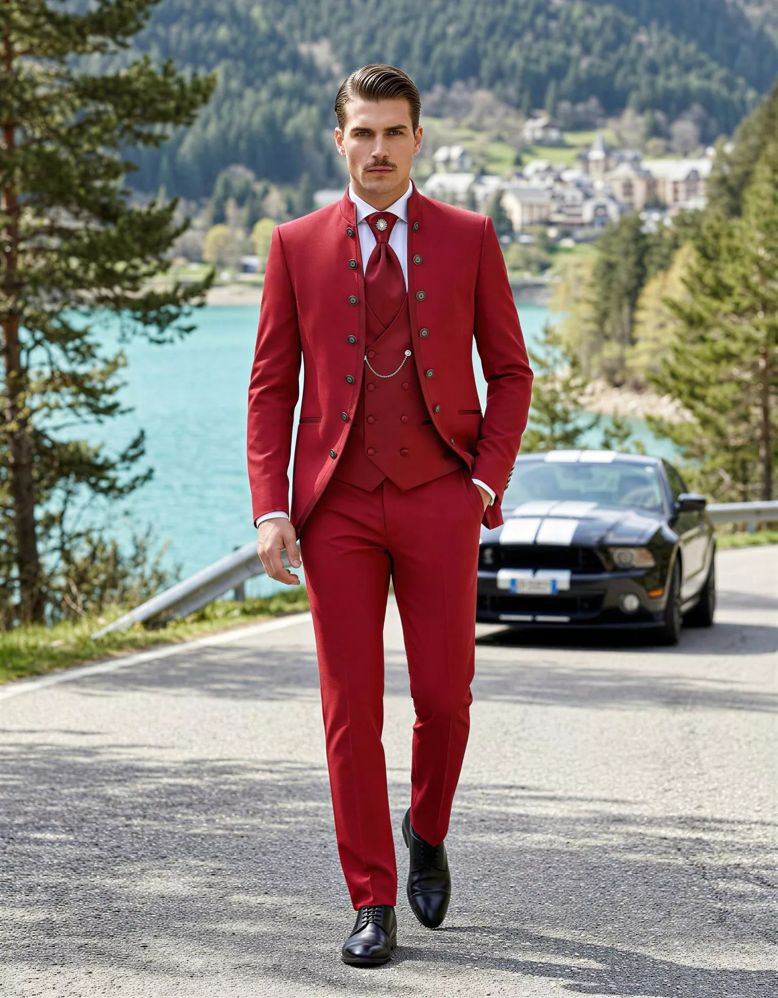 Traje de novio Kami, pose frontal, color rojo carmesí, ceremonia con cuello Mao, Atelier Masculini