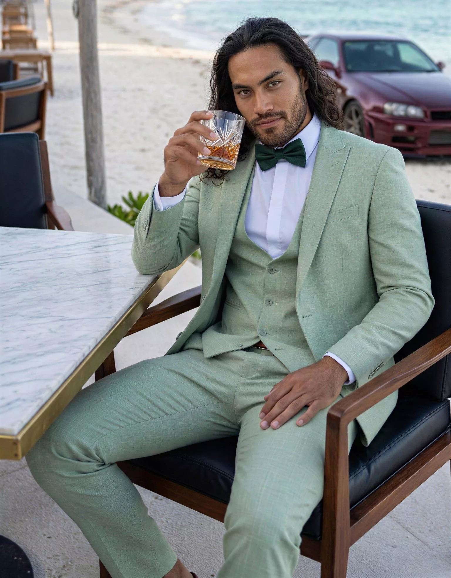 Traje de novio Karem, pose coctel, color verde claro, clásico, Atelier Masculini