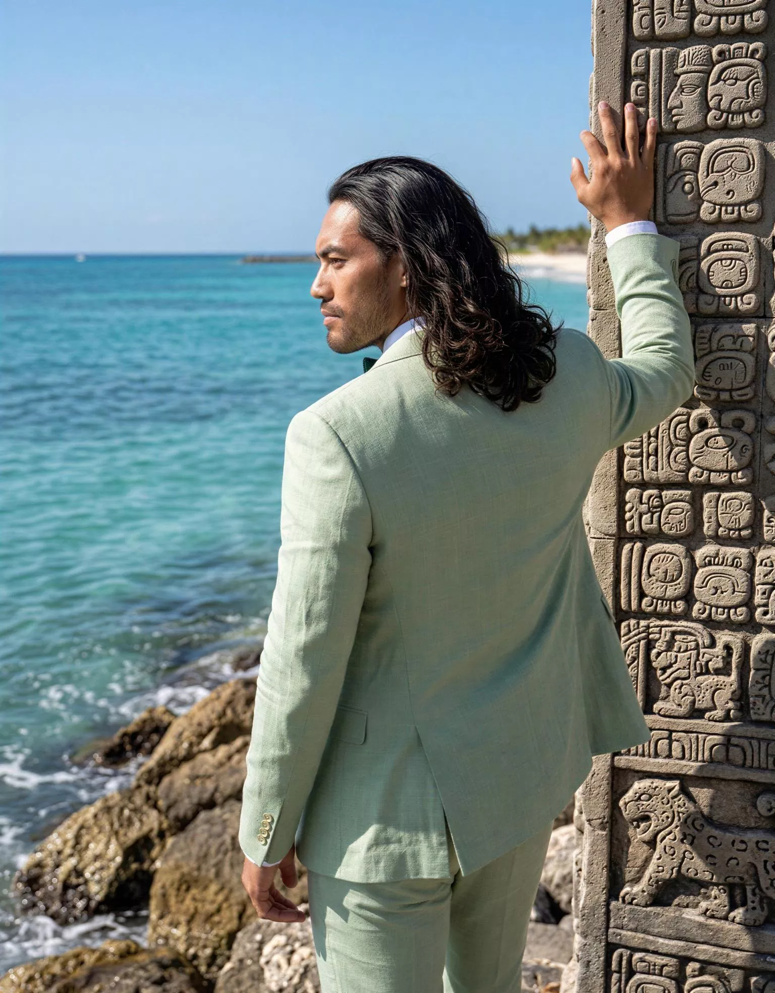 Traje de novio Karem, pose espaldas, color verde claro, clásico, Atelier Masculini