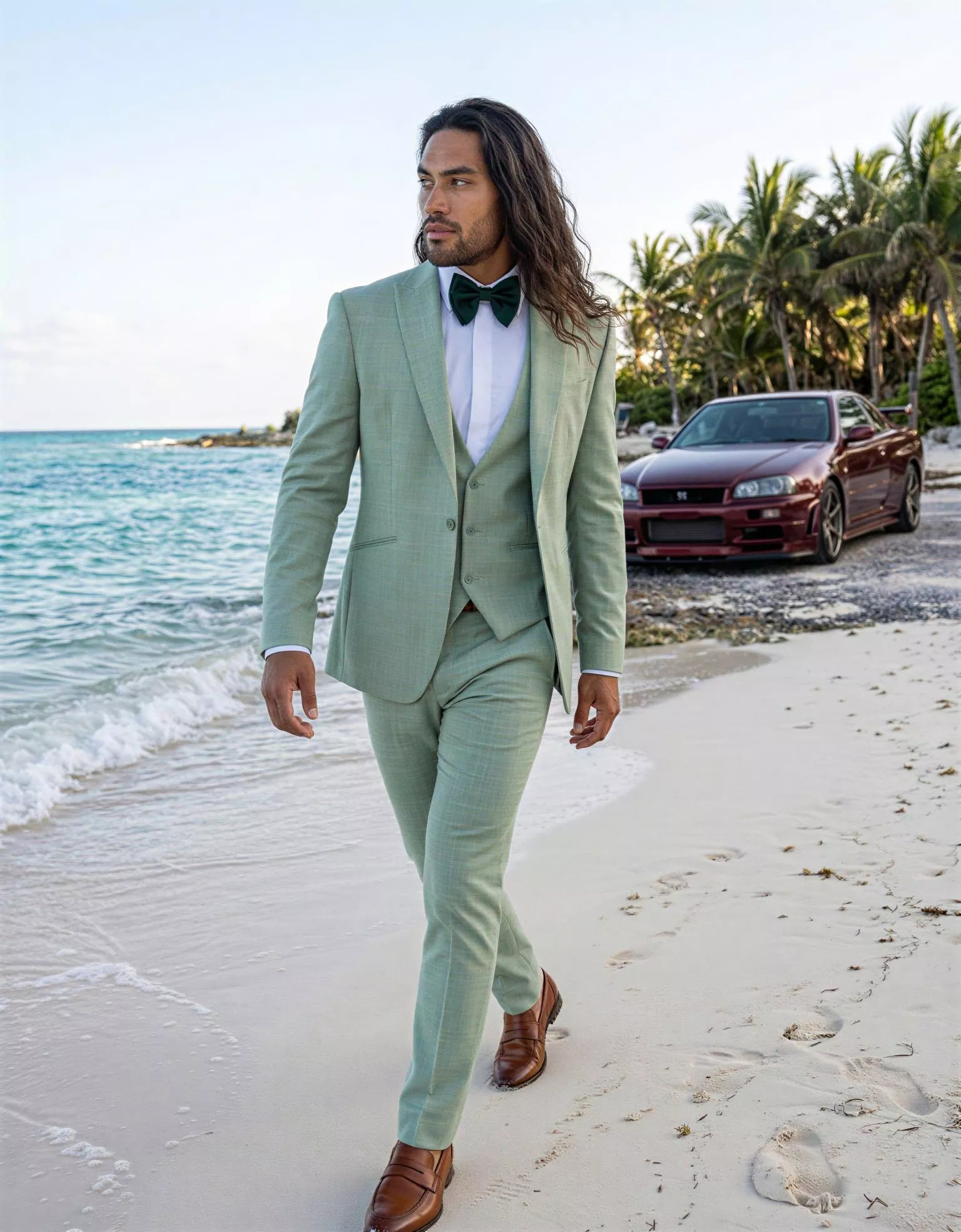 Traje de novio Karem, pose lateral, color verde claro, clásico, Atelier Masculini