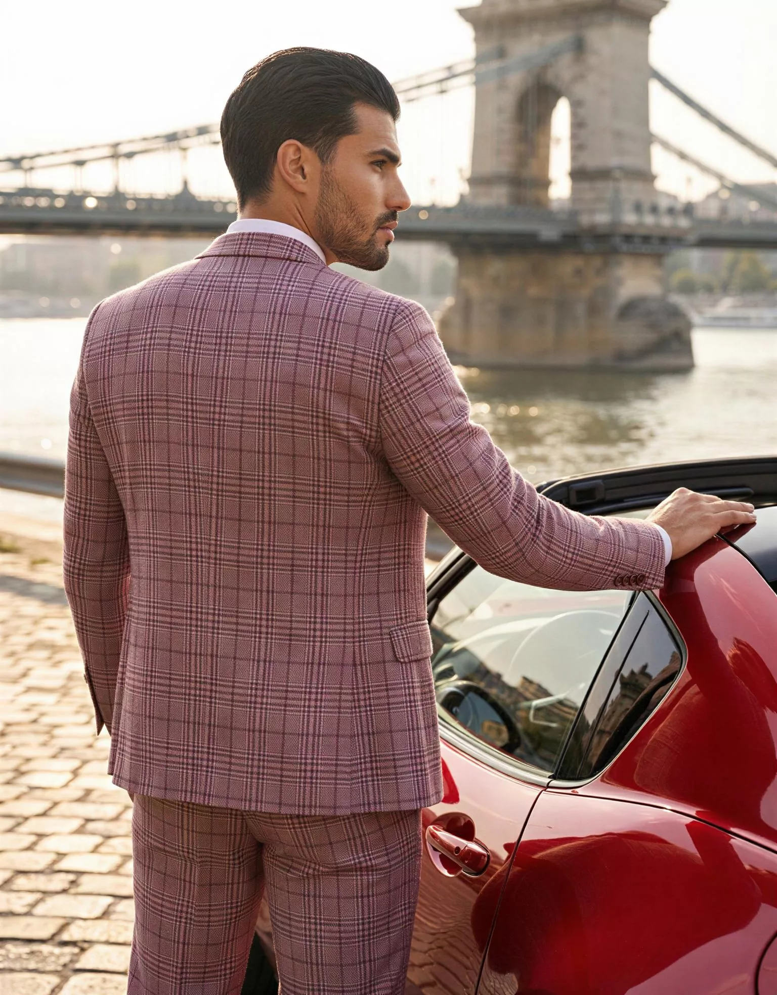 Traje de novio Konstantinos, pose espalda detalle, color rosa con cuadros Glen check ébano, clásico, Atelier Masculini