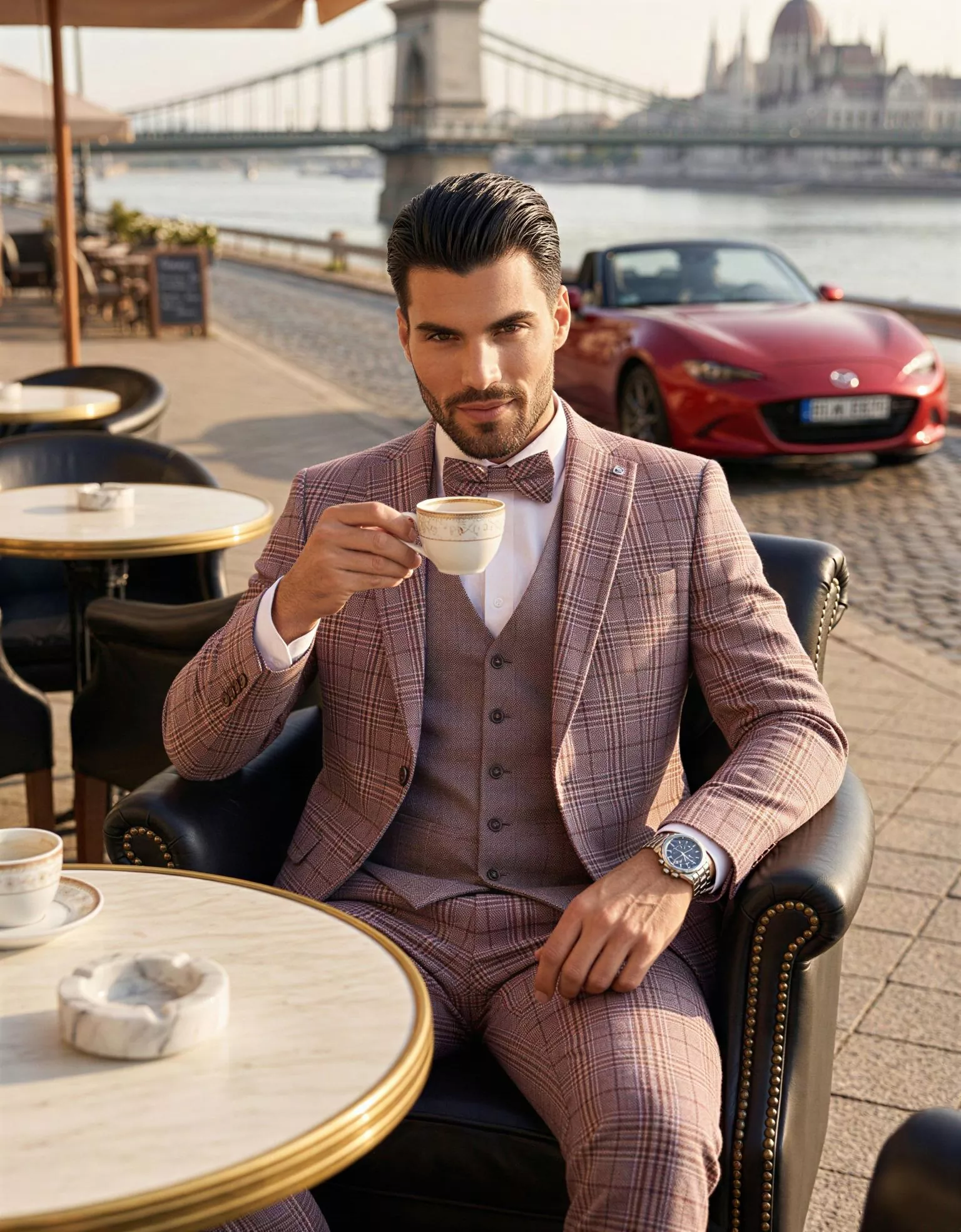 Traje de novio Konstantinos, pose frontal café, color rosa con cuadros Glen check ébano, clásico, Atelier Masculini