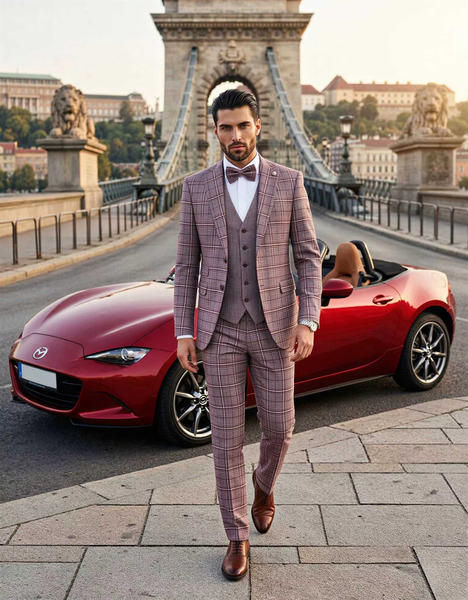 Traje de novio Konstantinos, pose frontal caminando, color rosa con cuadros Glen check ébano, clásico, Atelier Masculini