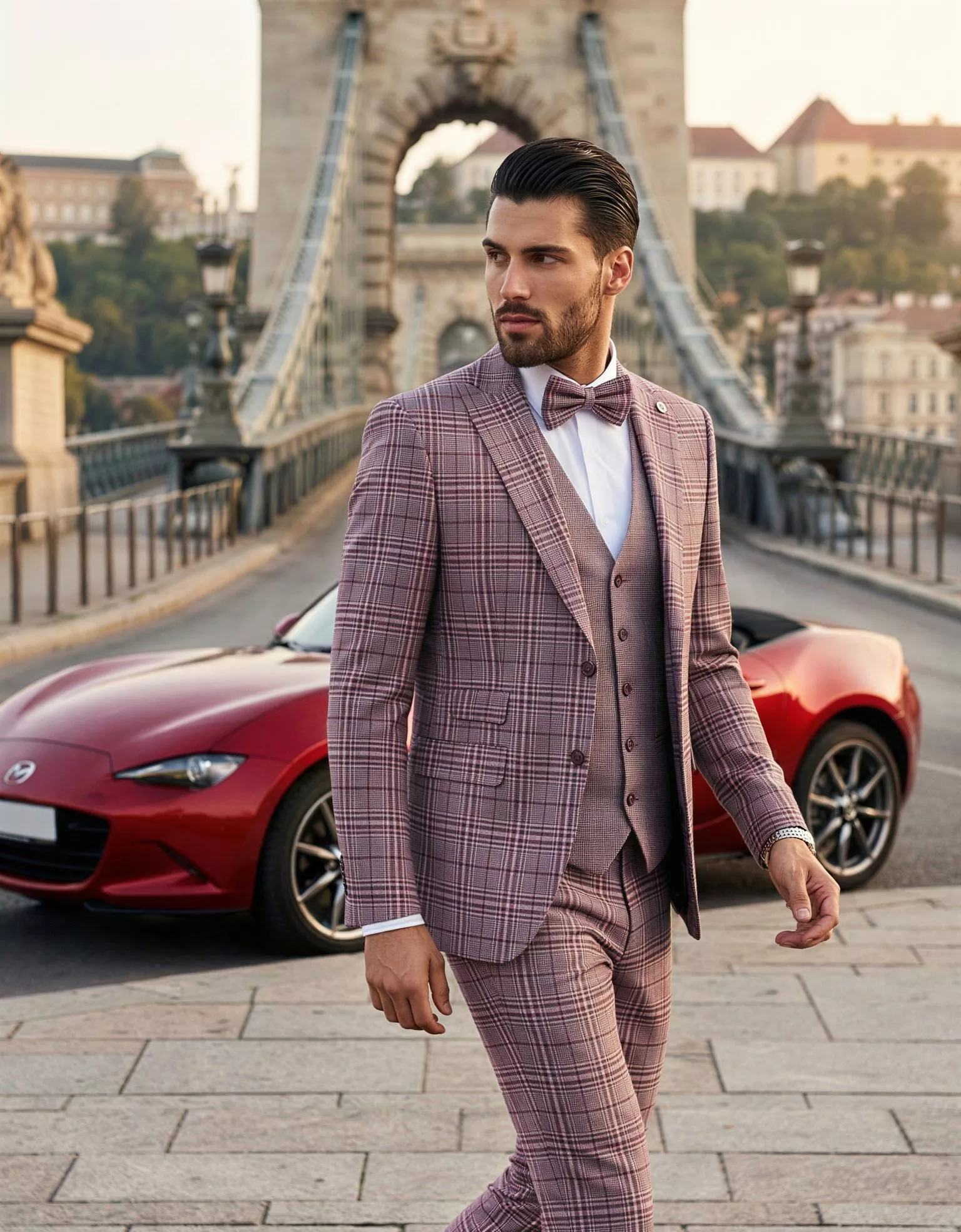 Traje de novio Konstantinos, pose frontal detalle, color rosa con cuadros Glen check ébano, clásico, Atelier Masculini