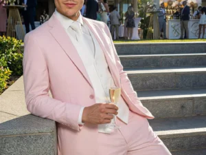 Traje de novio Leandro, pose apoyado, color rosa pastel, clásico, Atelier Masculini