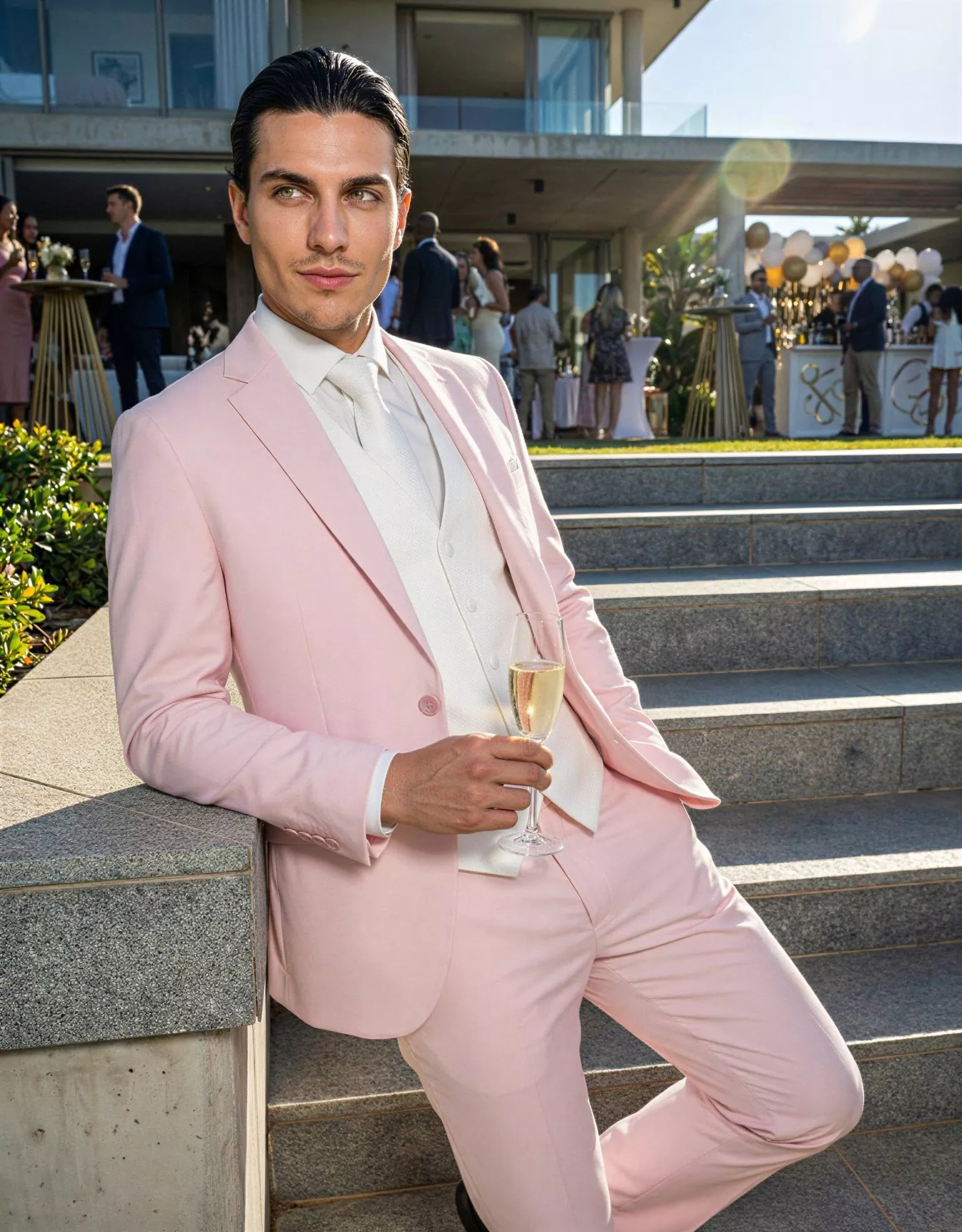 Traje de novio Leandro, pose apoyado, color rosa pastel, clásico, Atelier Masculini