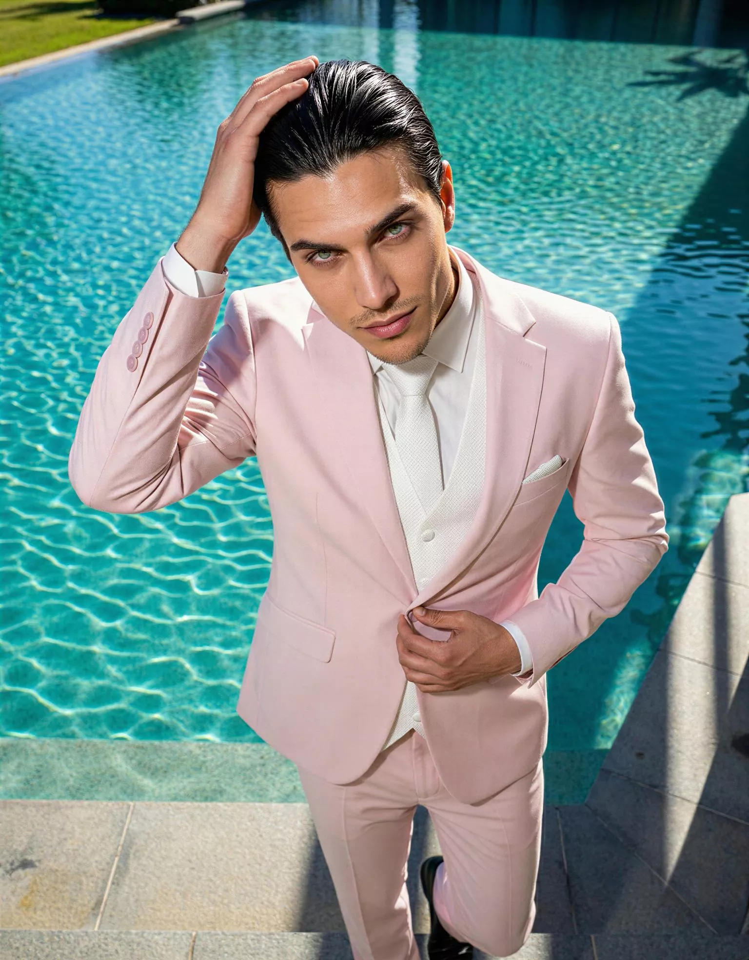 Traje de novio Leandro, pose cenital, color rosa pastel, clásico, Atelier Masculini