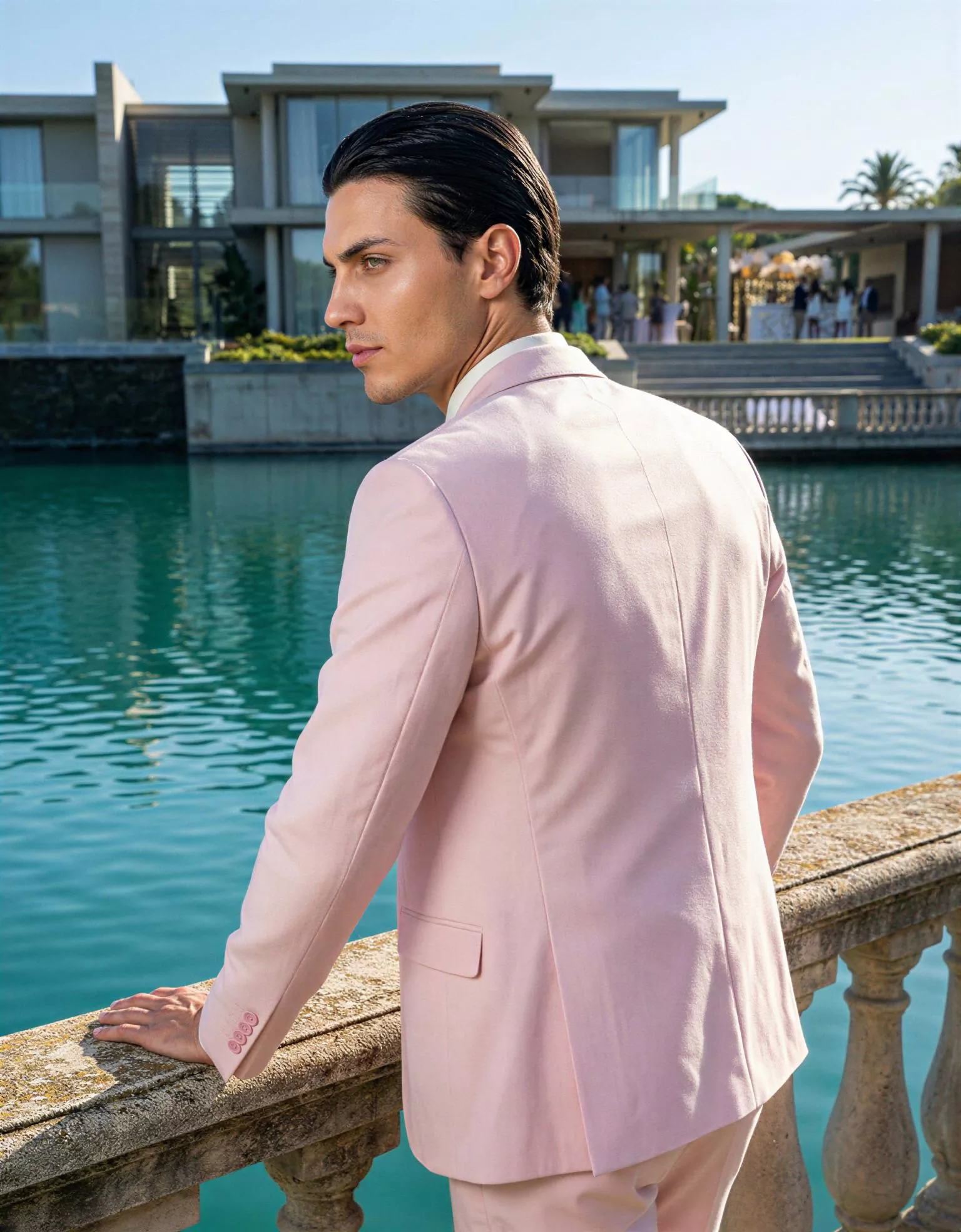 Traje de novio Leandro, pose espaldas, color rosa pastel, clásico, Atelier Masculini