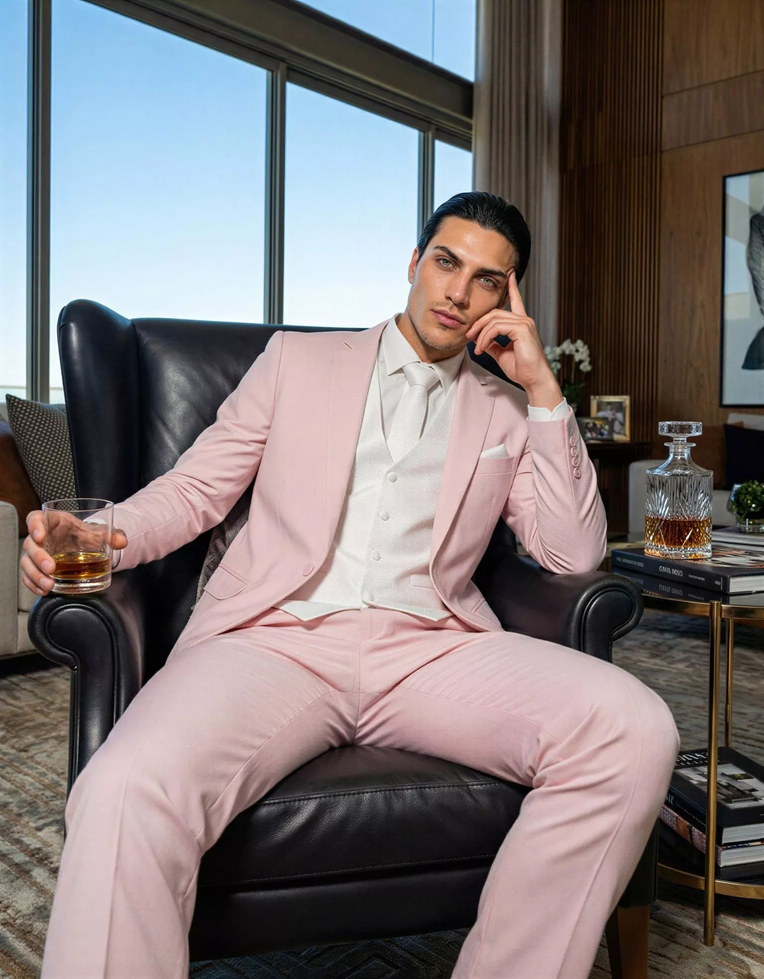 Traje de novio Leandro, pose sentado, color rosa pastel, clásico, Atelier Masculini