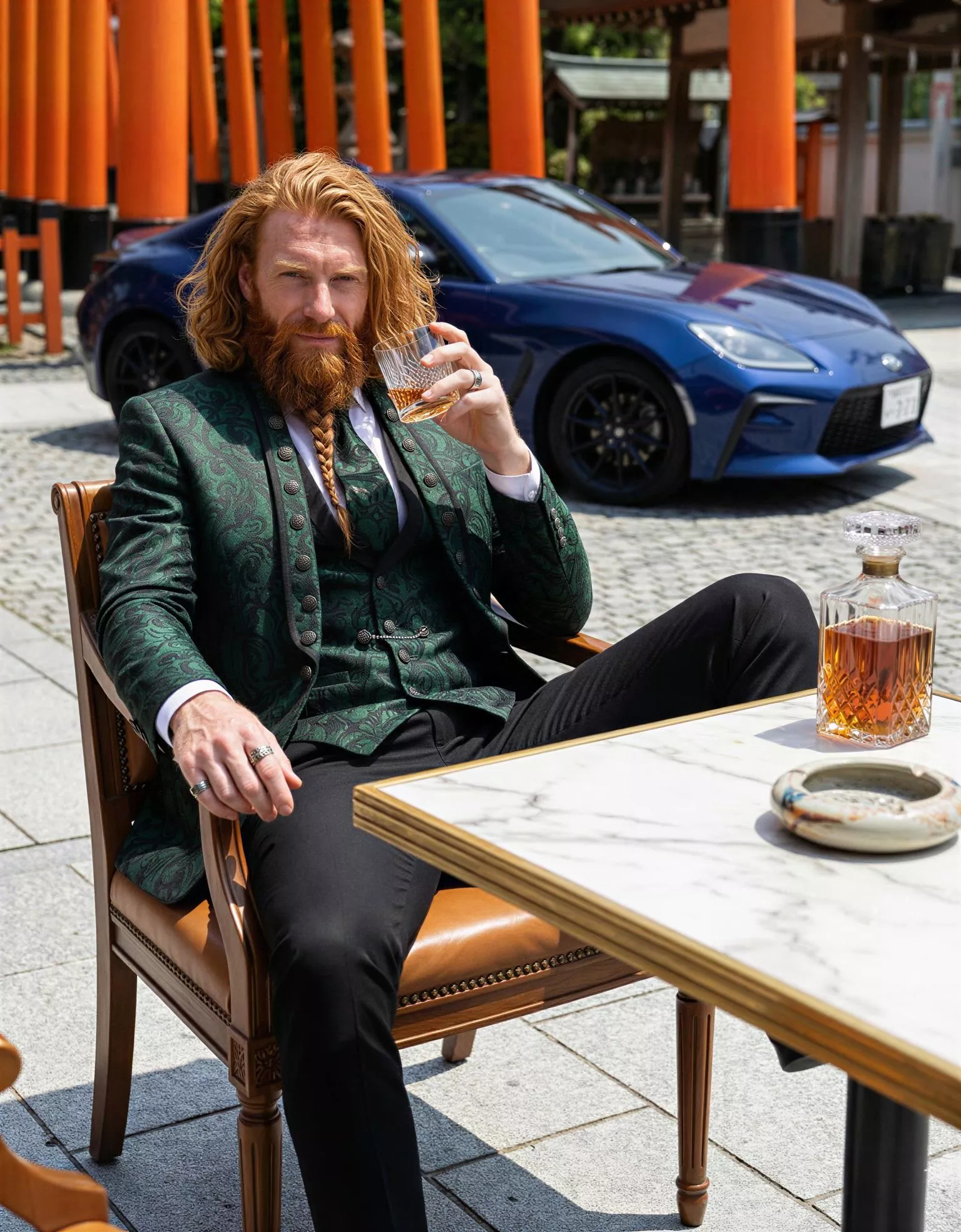 Traje de novio Levent, pose coctel, color verde oscuro jacquard ,cuello mao de ceremonia, Atelier Masculini