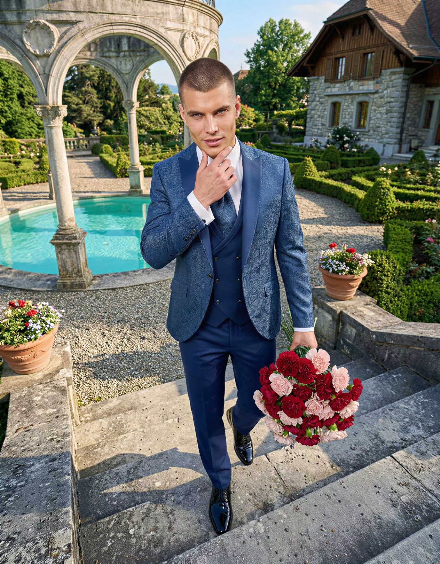 Traje de novio Lucente, pose cenital, color azul con relieve, ceremonia, Atelier Masculini