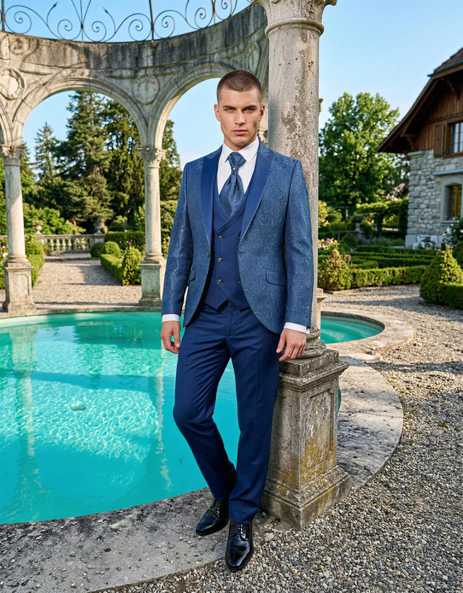 Traje de novio Lucente, pose frontal, color azul con relieve, ceremonia, Atelier Masculini