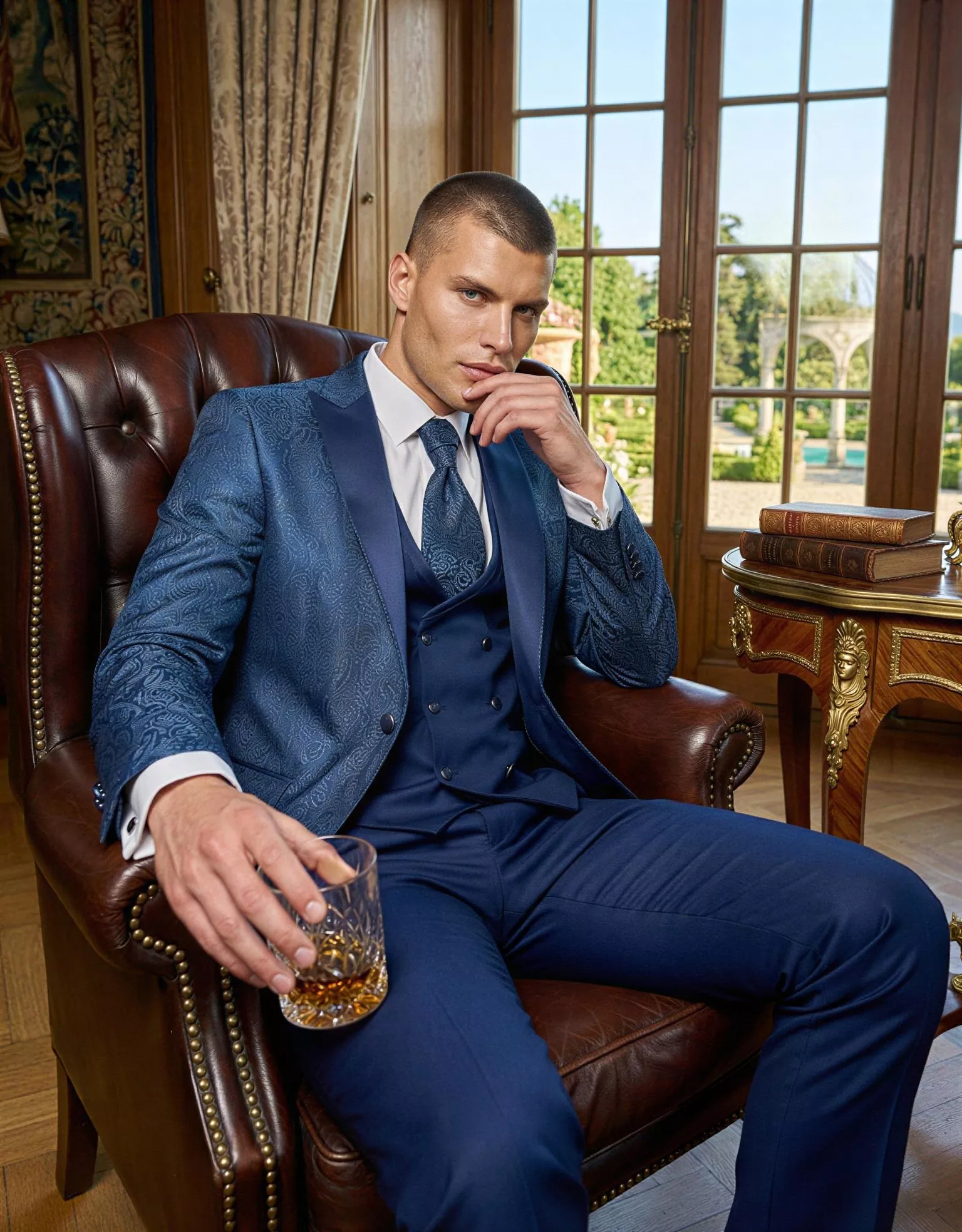 Traje de novio Lucente, pose sentado, color azul con relieve, ceremonia, Atelier Masculini