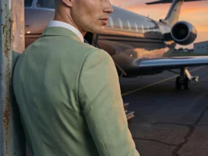 Traje de novio Magnus, pose espaldas, color verde claro ,clásico, Atelier Masculini