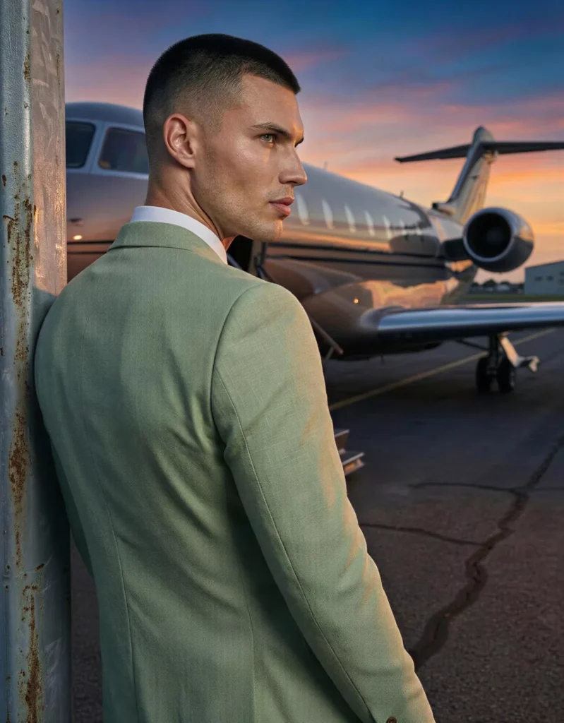 Traje de novio Magnus, pose espaldas, color verde claro ,clásico, Atelier Masculini