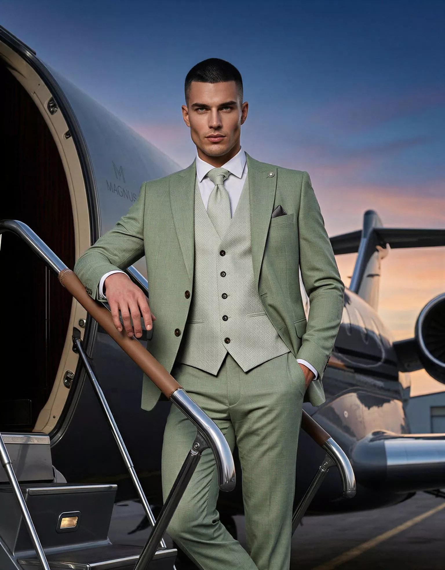 Traje de novio Magnus, pose frontal, color verde claro ,clásico, Atelier Masculini