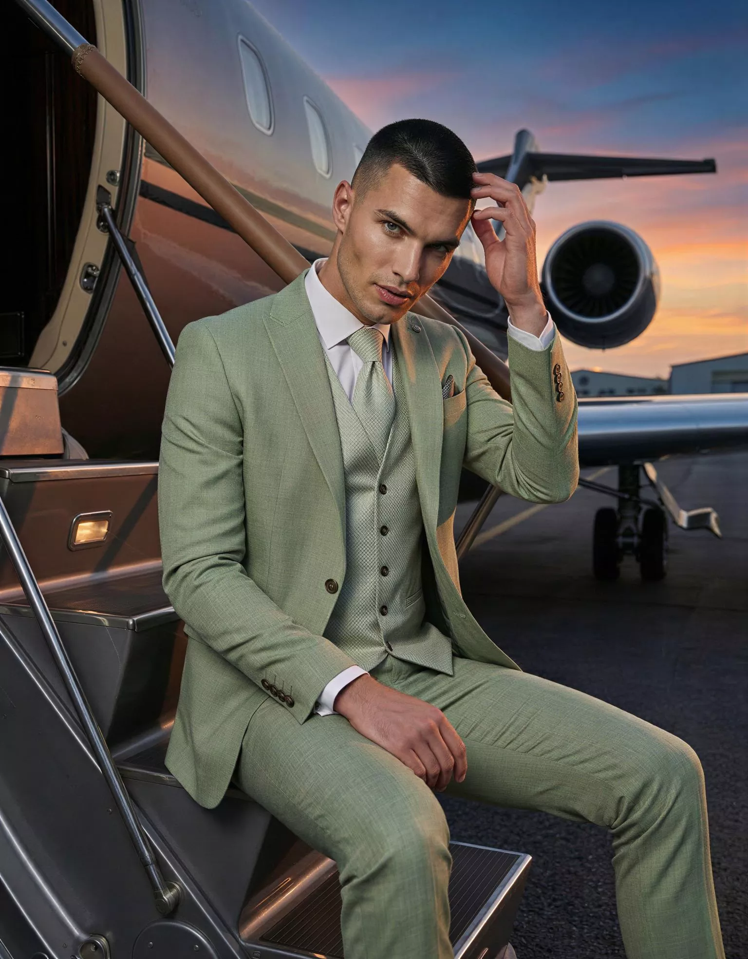 Traje de novio Magnus, pose jet, color verde claro ,clásico, Atelier Masculini